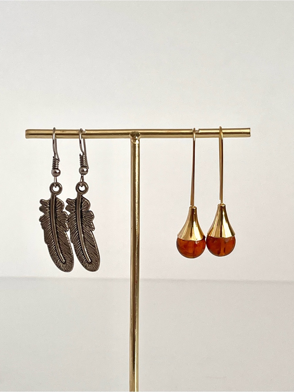 Boho & Elegant Earring Set - Faux Amber Drop & Feather Dangle Earrings